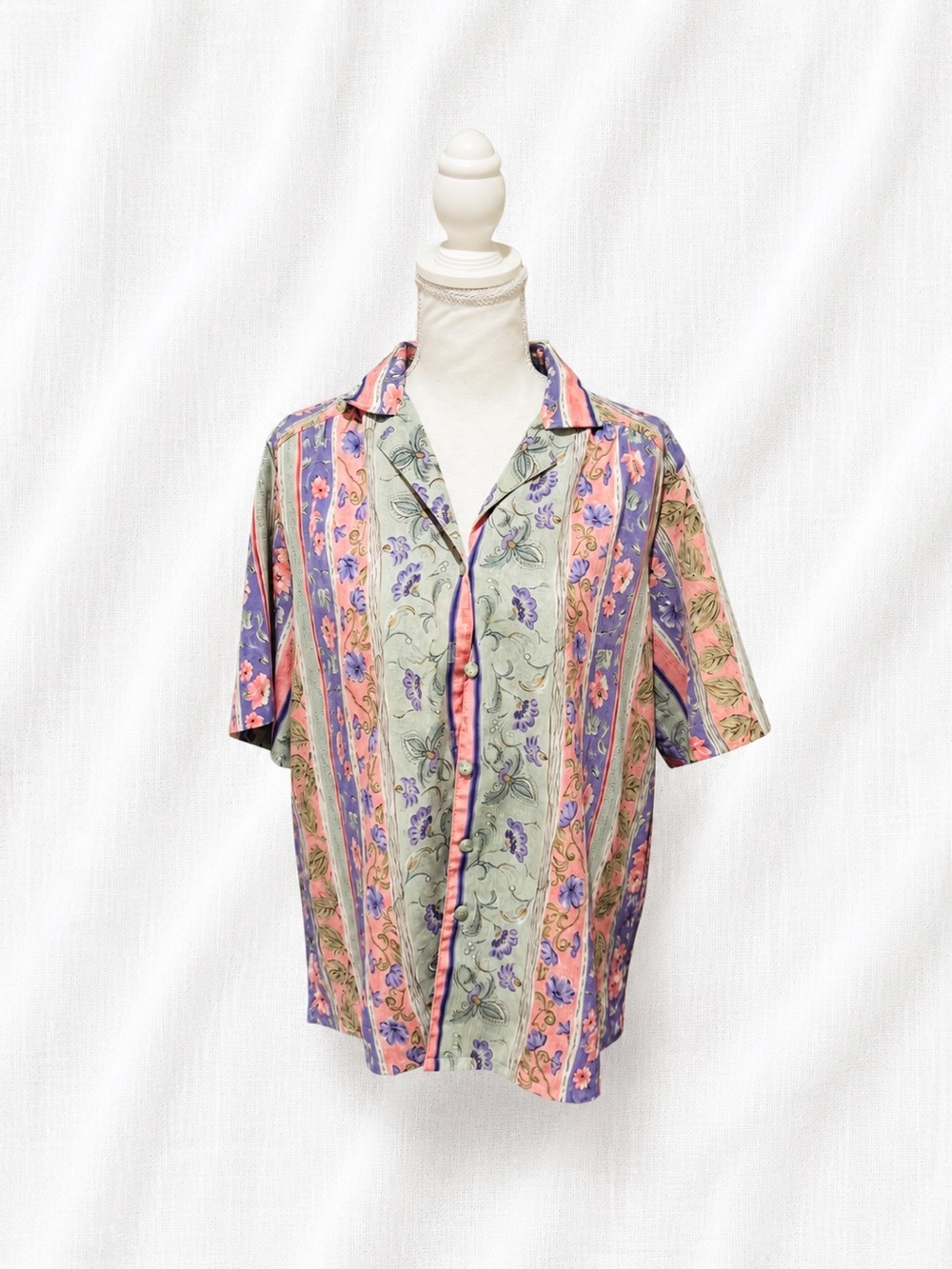 Alia Floral Stripe Button-Down Shirt - Sage Green, Coral Pink & Purple